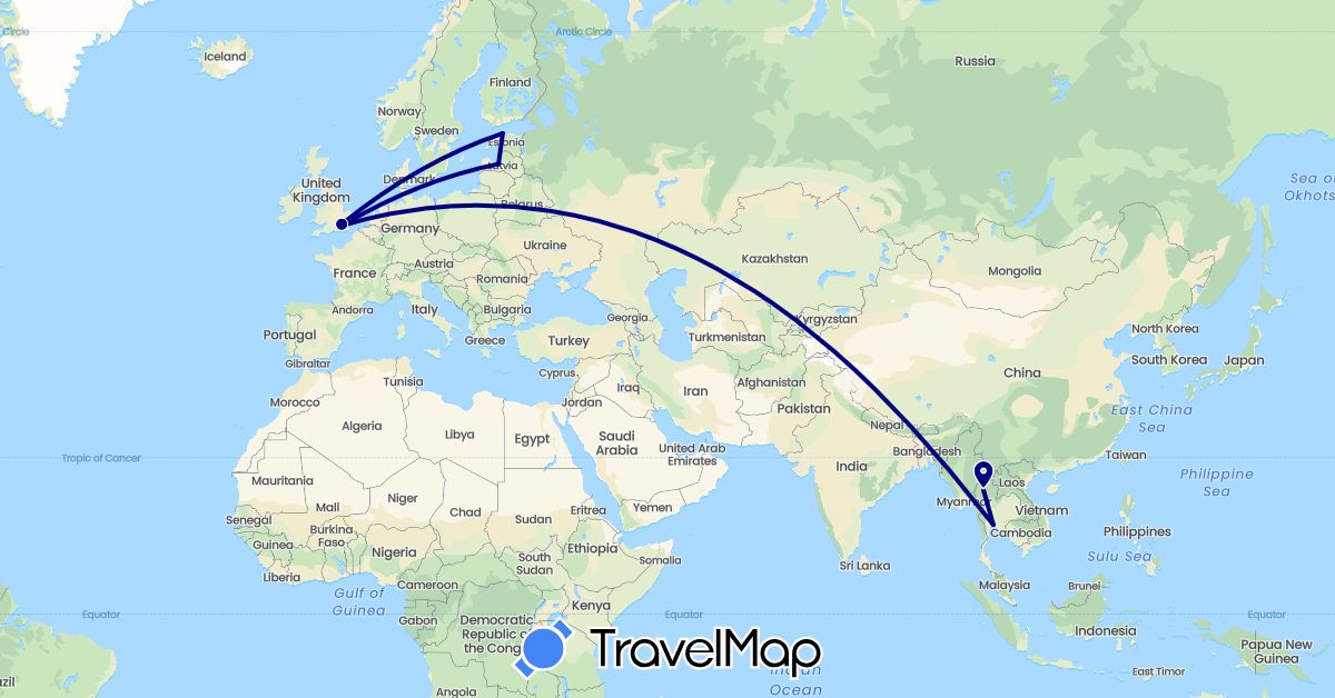 TravelMap itinerary: driving in Estonia, United Kingdom, Latvia, Thailand (Asia, Europe)